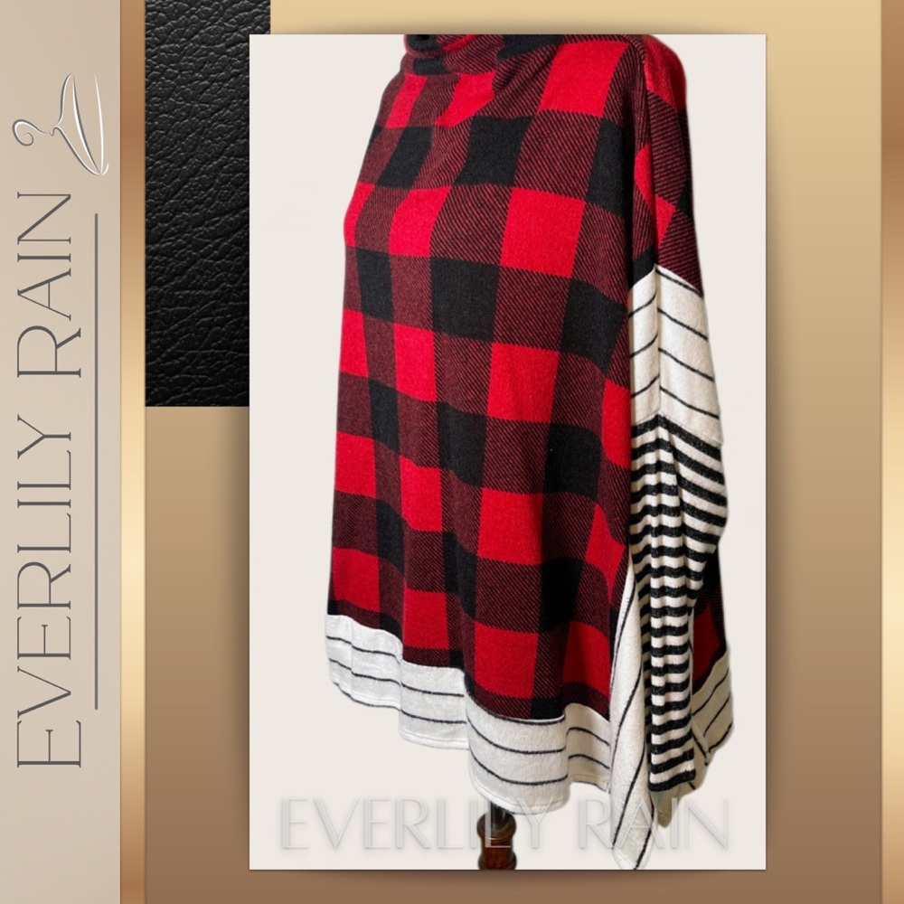 Plaid & Striped Poncho Style Sweater - Picture 7 of 12